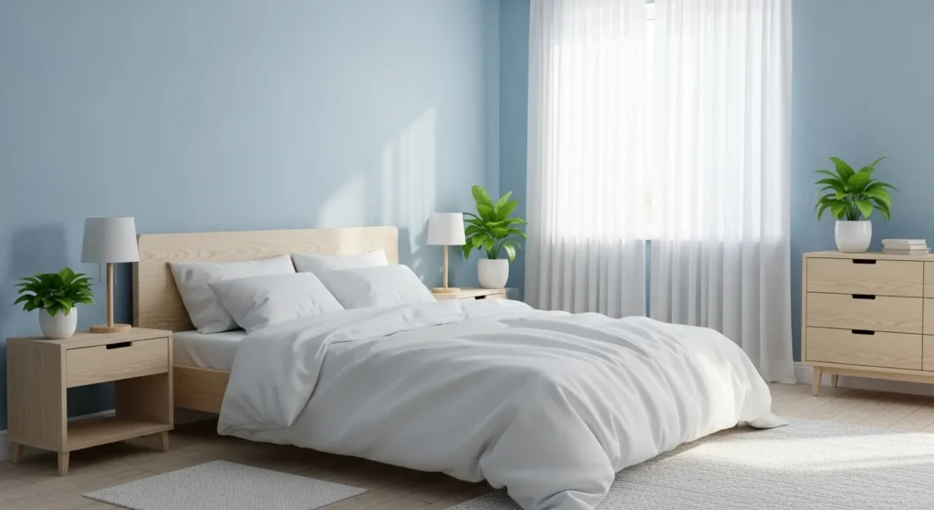  Bedroom interior with soft blue walls and natural green accents