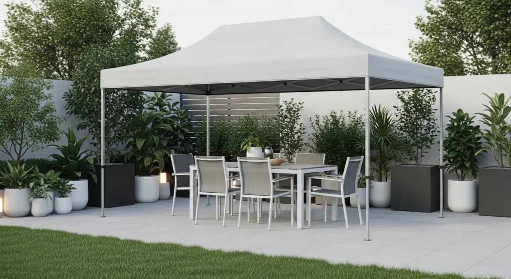 Modern outdoor seating with a portable canopy.