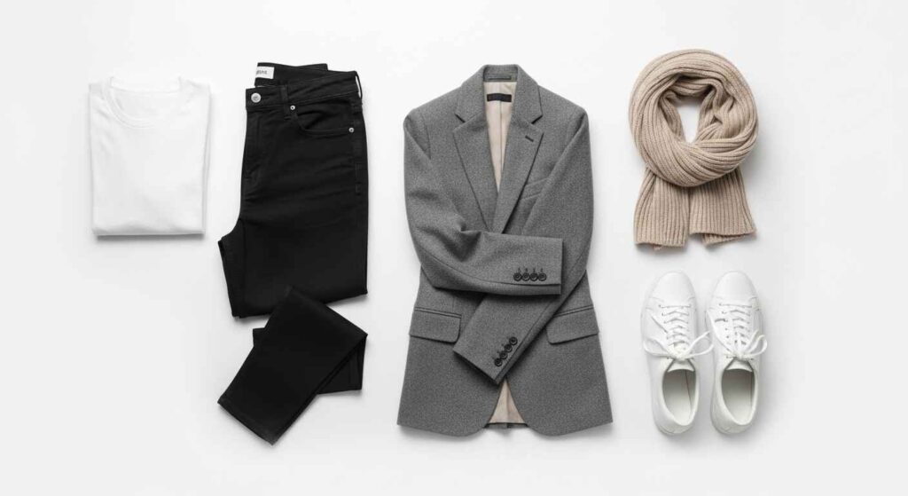Neutral clothes laid out for capsule wardrobe.