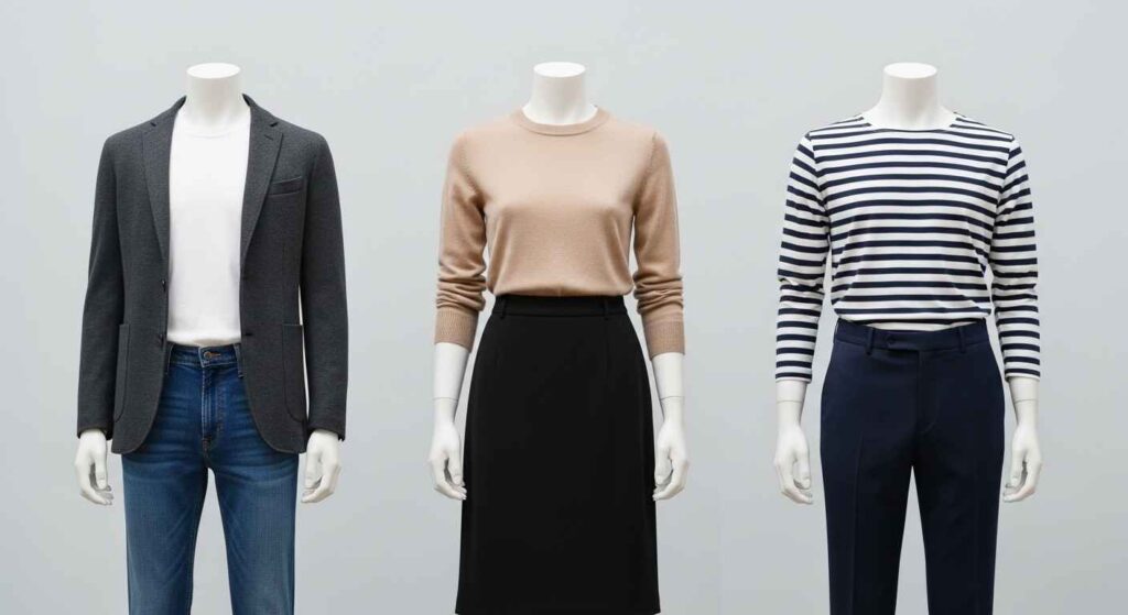 Three outfits made from capsule items.