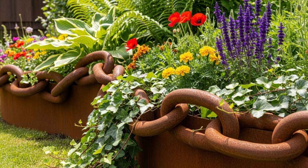 Metal chain used as industrial-style lawn edging 