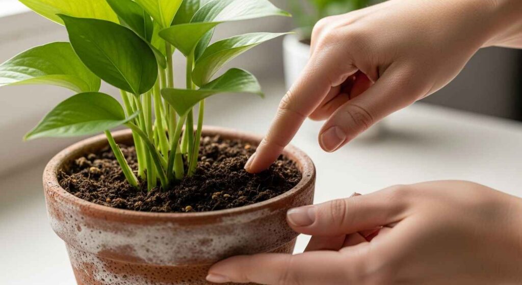 Checking soil moisture before watering houseplant