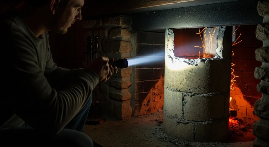Homeowner using flashlight to inspect inside a chimney flue.