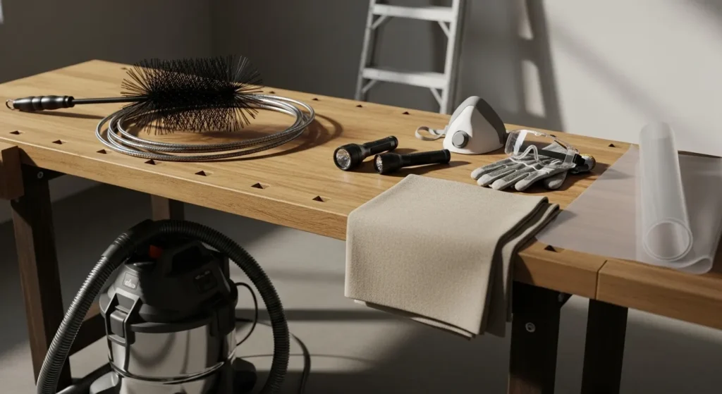 Collection of chimney brush, rods, vacuum, and safety gear on a workbench.