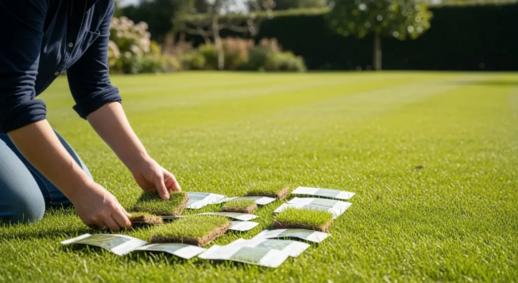 Homeowner comparing different grass types for lawn selection