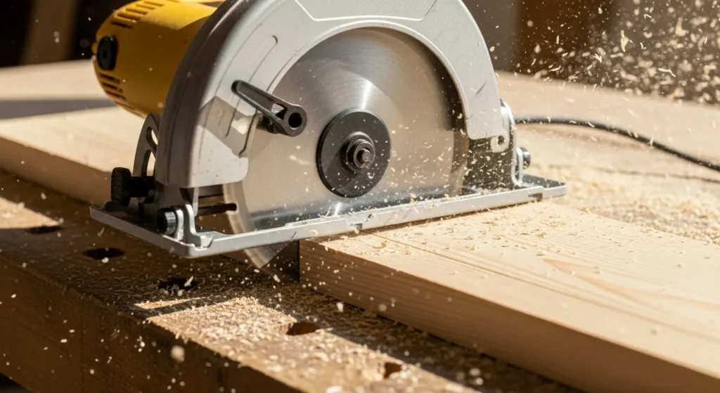 Handheld circular saw making a straight cut in wood plank.