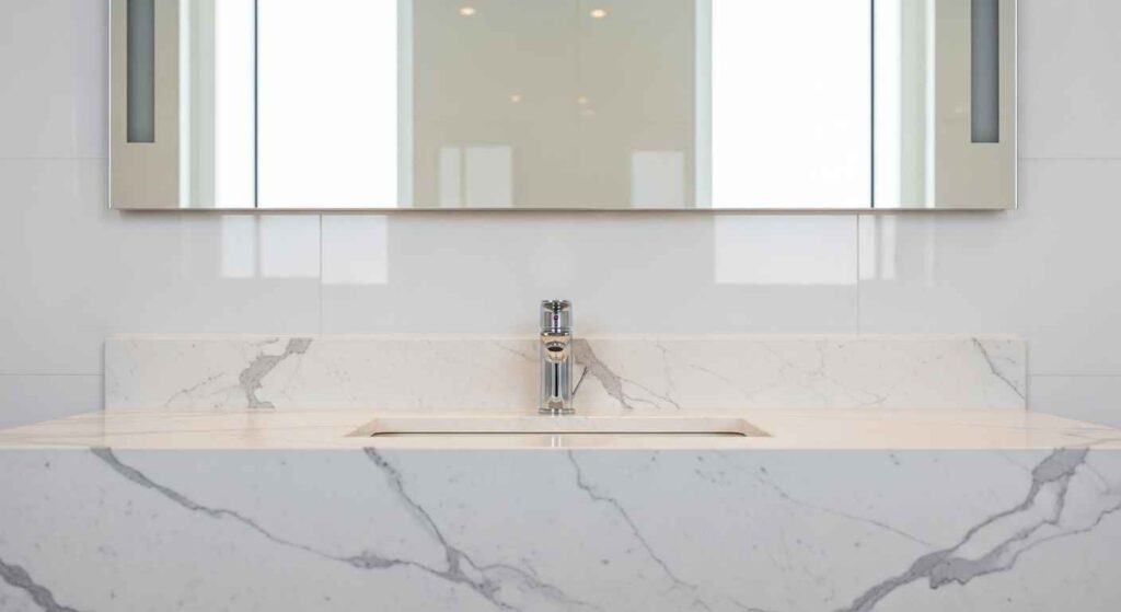 Empty bathroom counter cleared of all items for cleaning