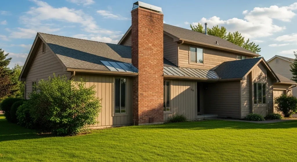 Exterior view of a clean, capped chimney on a house roof.