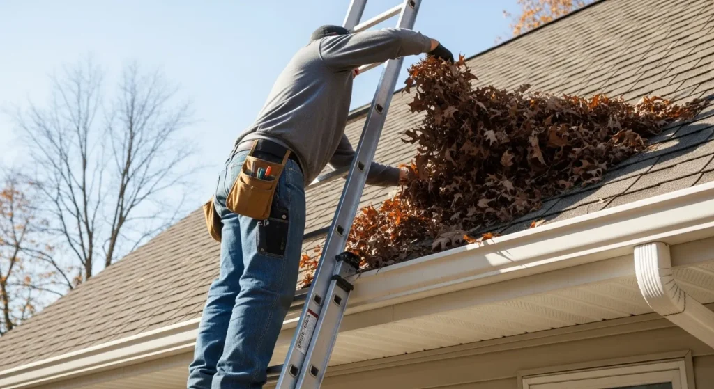 Ladder against house with person removing leaves from gutter.