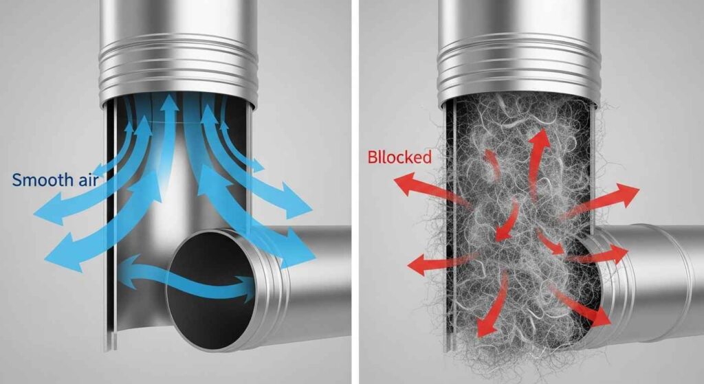 Split comparison showing clean dryer vent with good airflow versus clogged vent with lint buildup