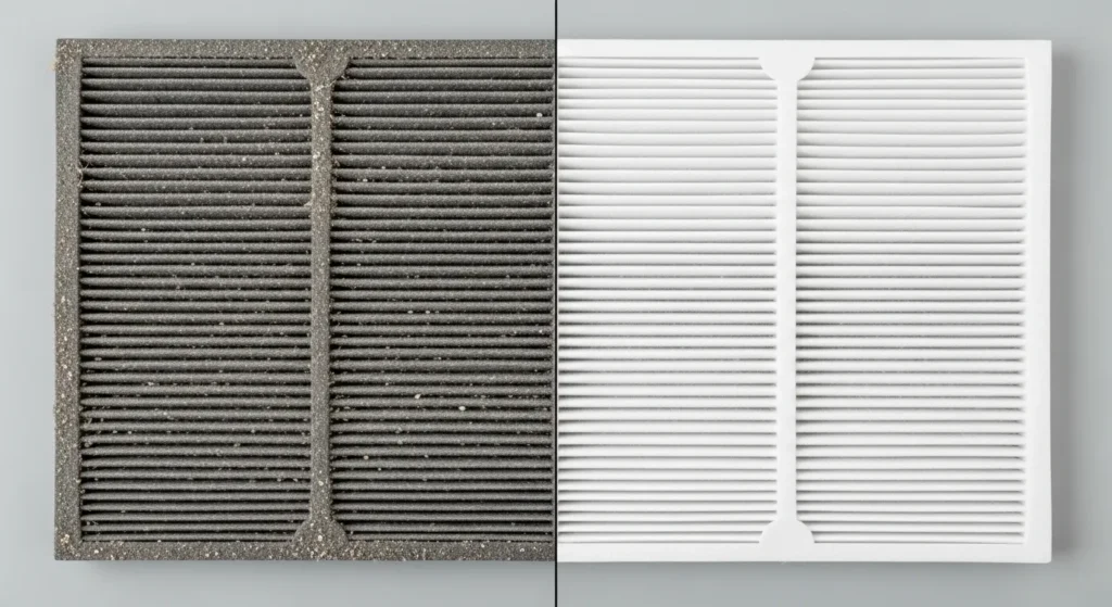 Side-by-side comparison of dirty and clean air conditioning filter.