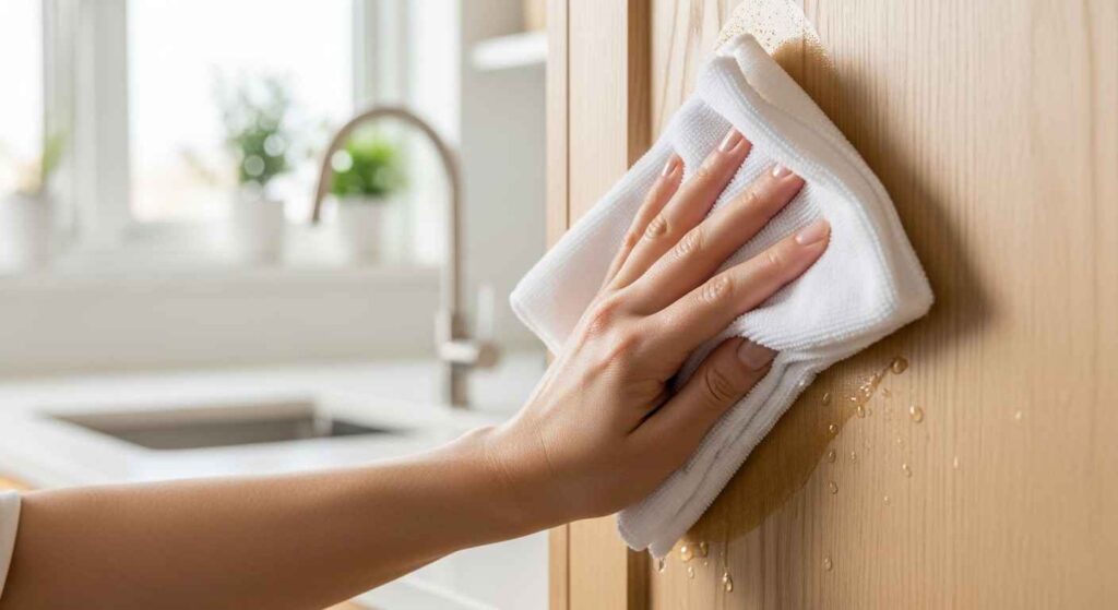 Cleaning grease from wood cabinet with cloth.