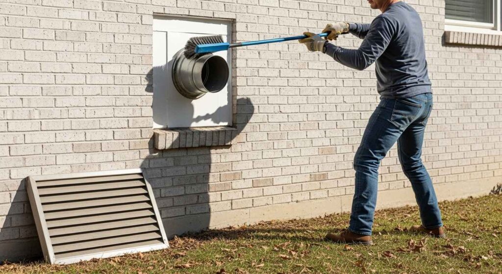 Person cleaning exterior dryer vent opening with specialized brush while vent cover is removed