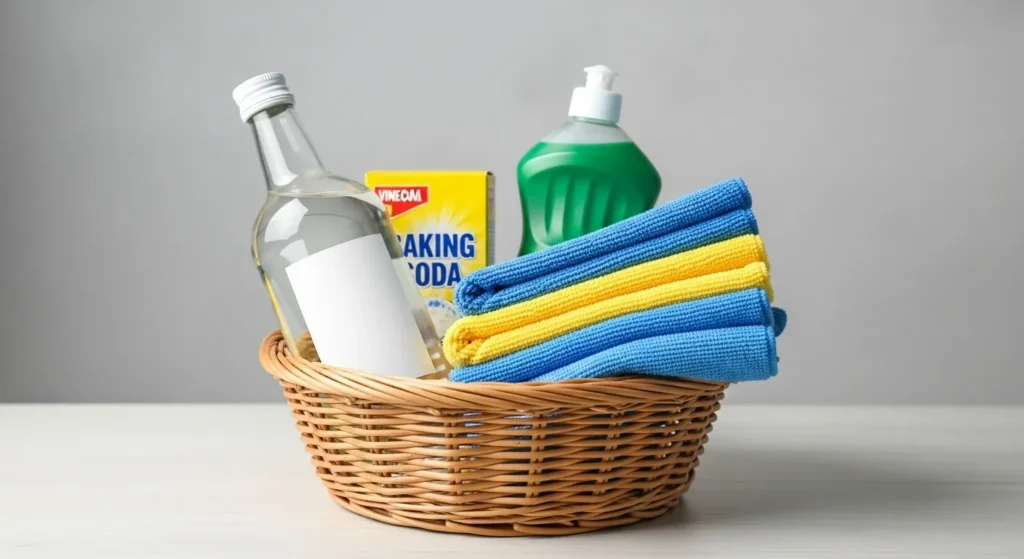 Basket holding vinegar, baking soda, and cloths under sink