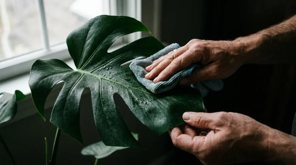 Hands wiping indoor plant leaves clean with a cloth to improve light absorption