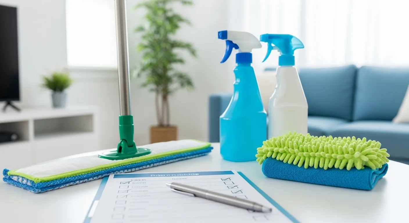 Clean home with cleaning supplies and checklist