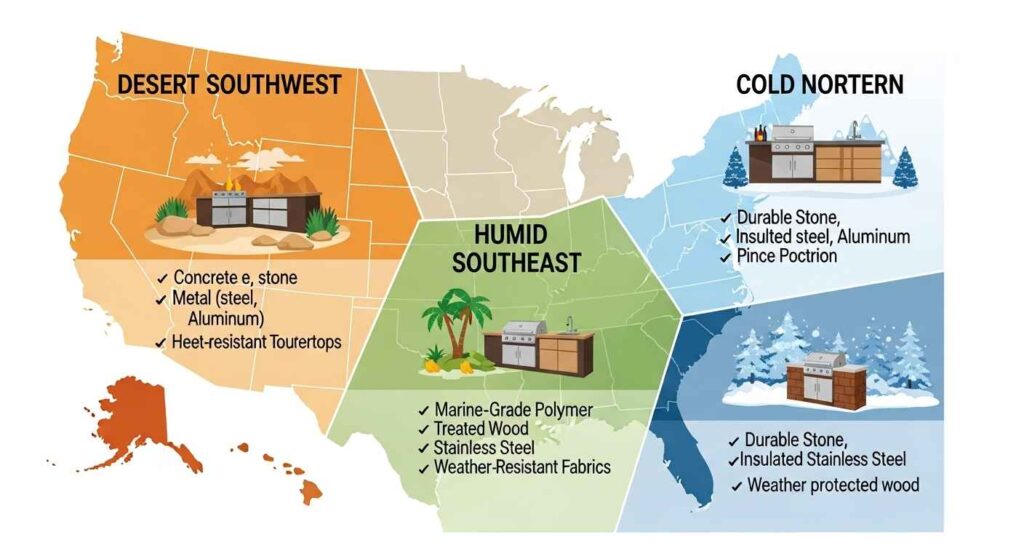 Climate zone map showing outdoor kitchen material recommendations by region