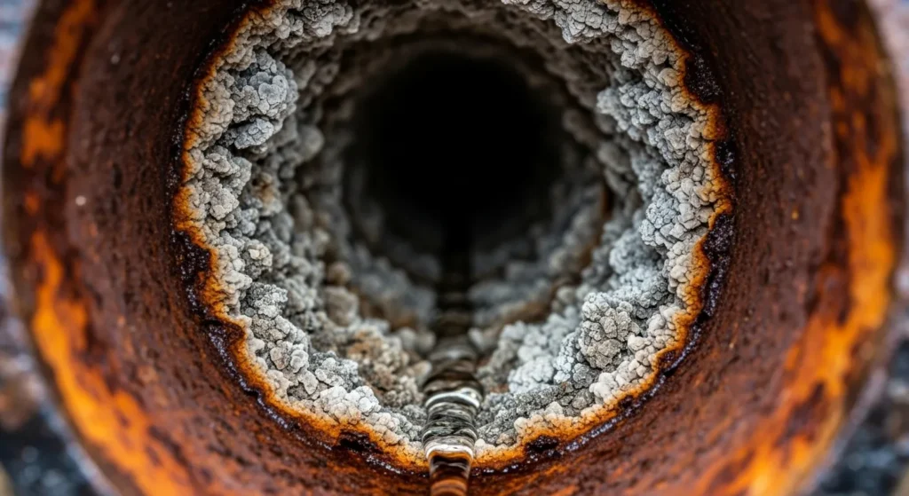 Rusty pipe with mineral buildup blocking water flow.