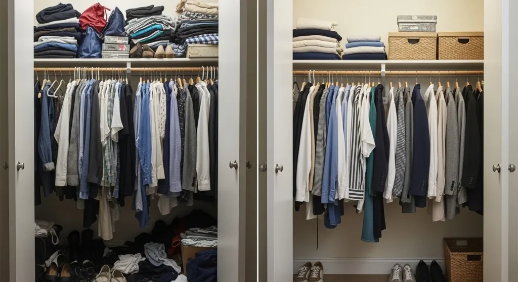 Small closet transformation showing clothes sorted into keep and donate piles