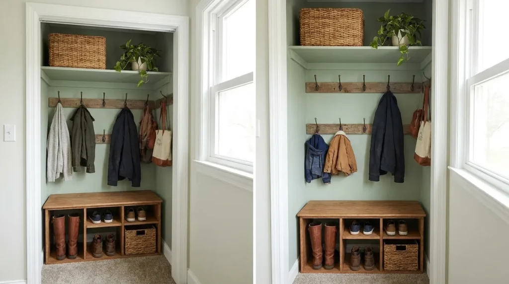 Converted coat closet with doors removed, two-row hooks, small bench, and shoe storage shelf inside.