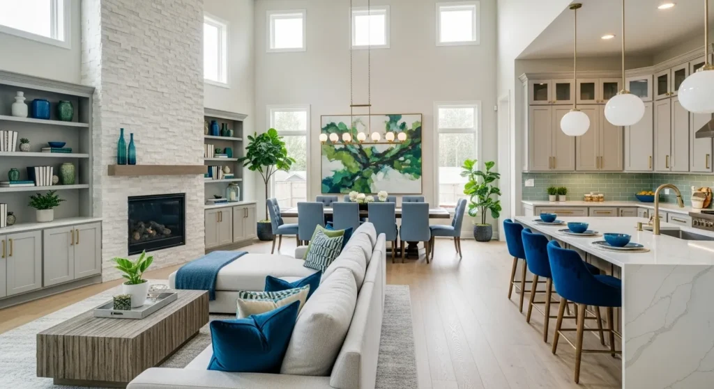 Home interior showing connected rooms with flowing color scheme