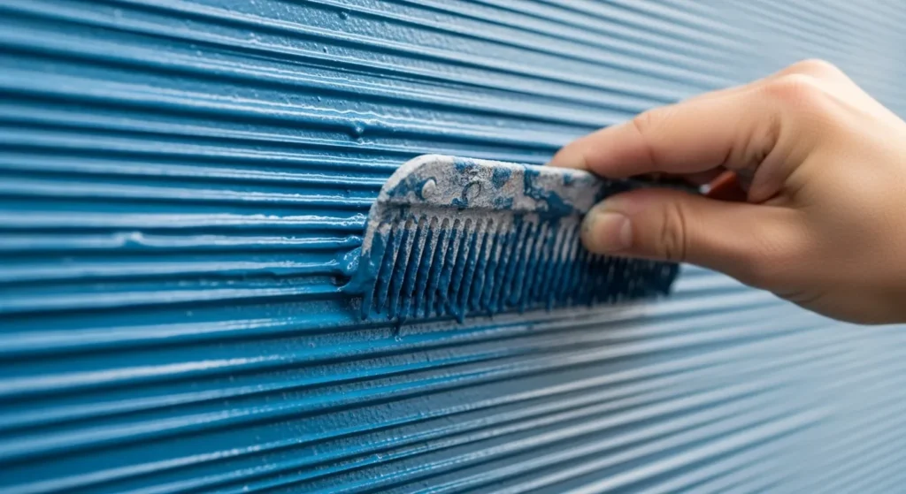 Hand using combing tool to create parallel textured lines in wet paint on wall surface