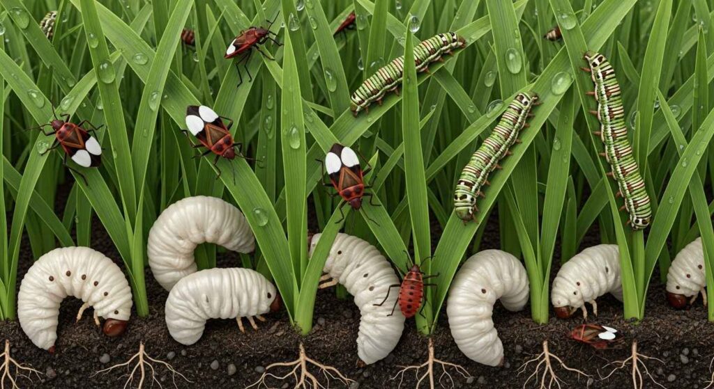 Illustration of grubs, chinch bugs, and armyworms on grass.