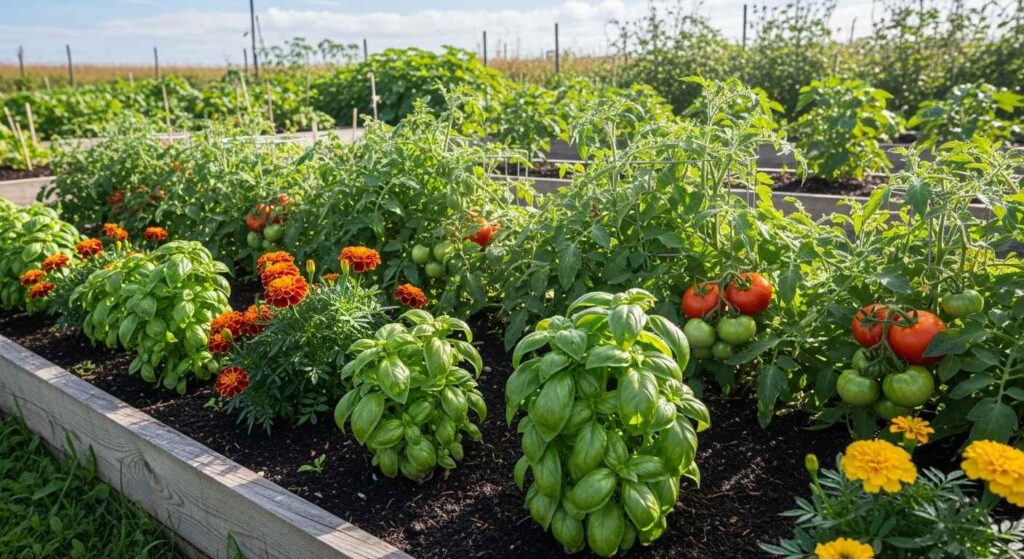 Vegetable garden showing companion planting with tomatoes and herbs.