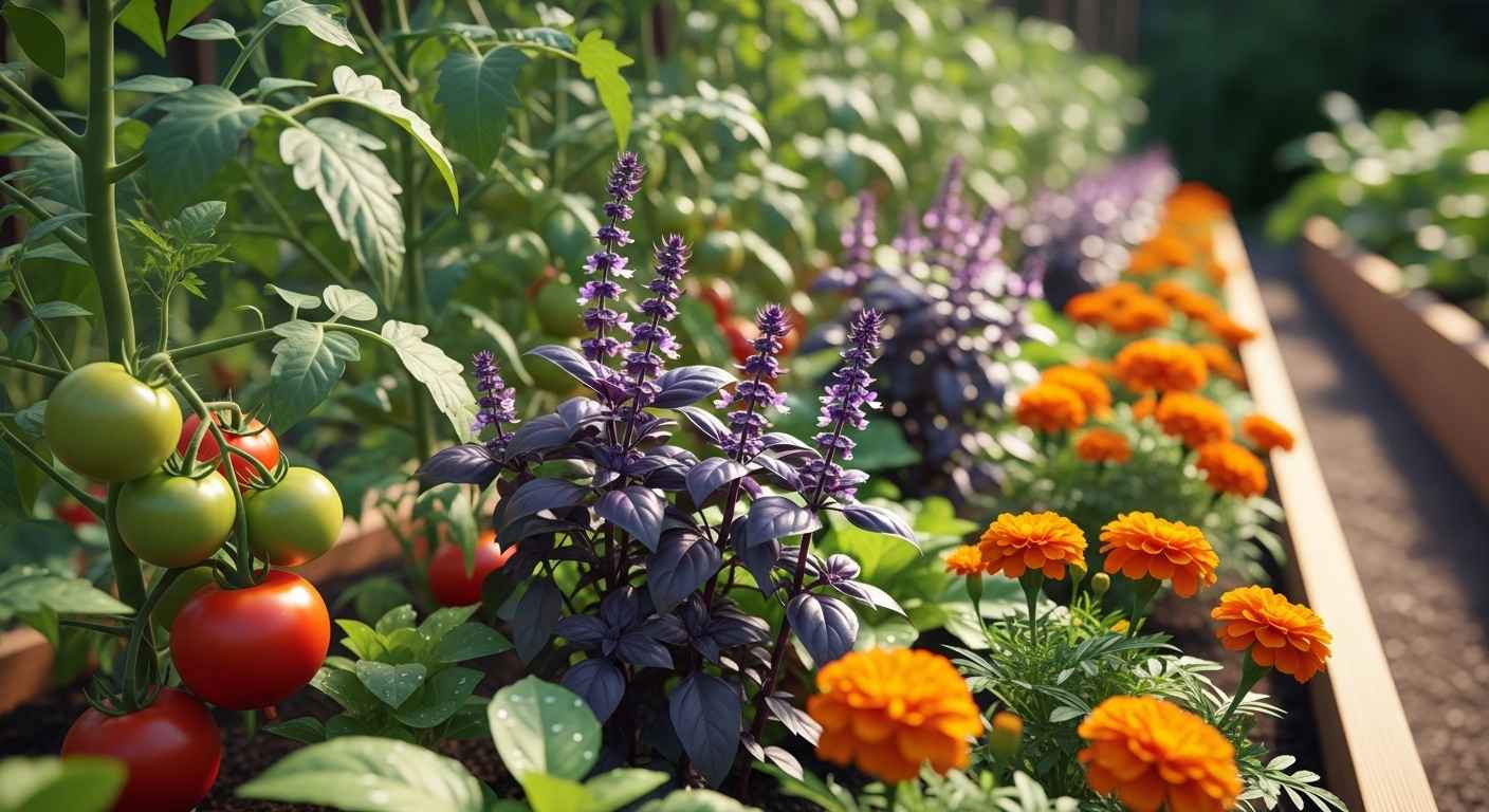 Thumbnail image of tomatoes, basil, and marigolds in a garden.