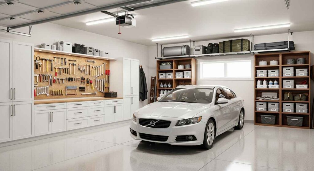 Fully organized garage with multiple storage systems