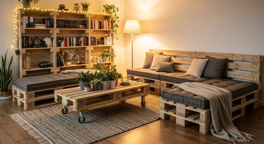 Living room with coordinated pallet furniture including coffee table, bookshelf, and seating