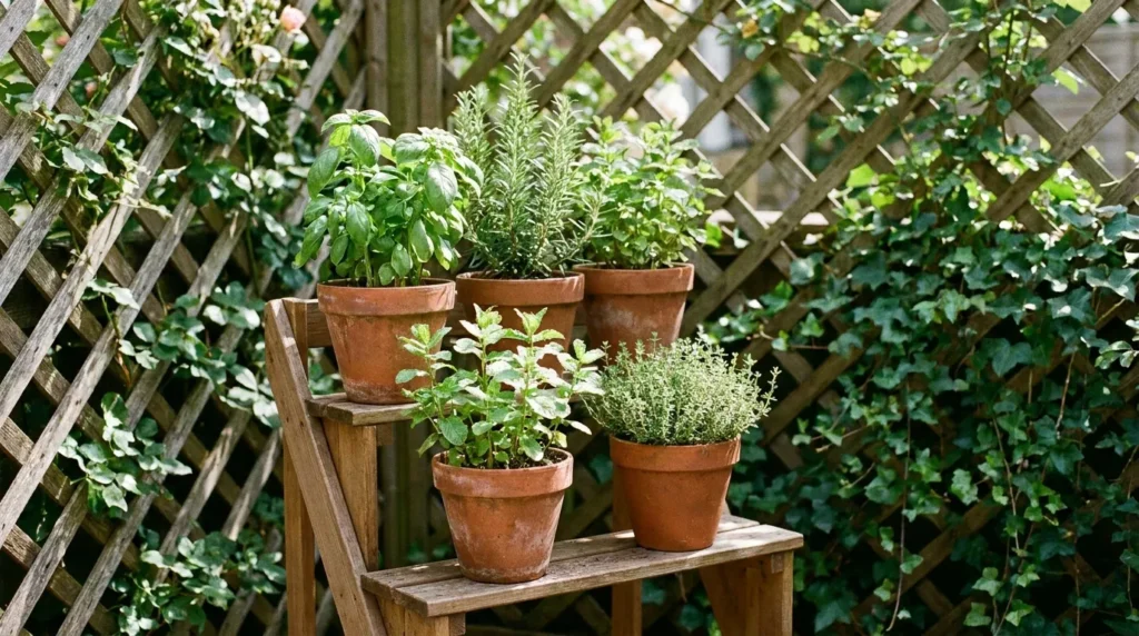Tiered wooden plant stand with terracotta herb pots on a small patio corner with a lattice fence in the background.