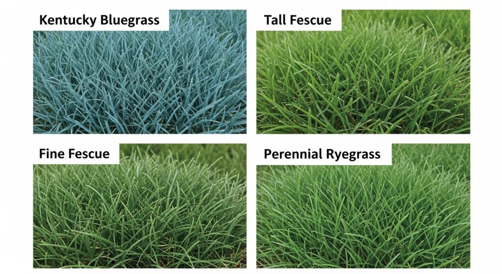 Comparison of cool-season grass types showing blade texture and color