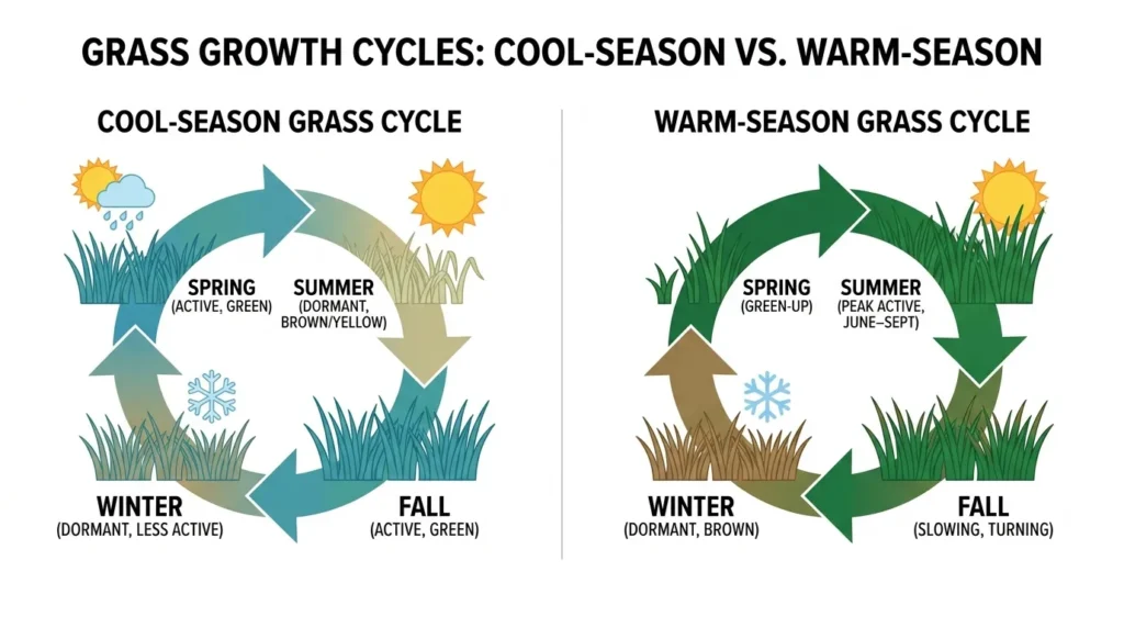 Cool-season vs warm-season grass growth cycle comparison infographic