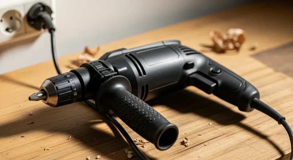 Corded power drill on wooden workbench