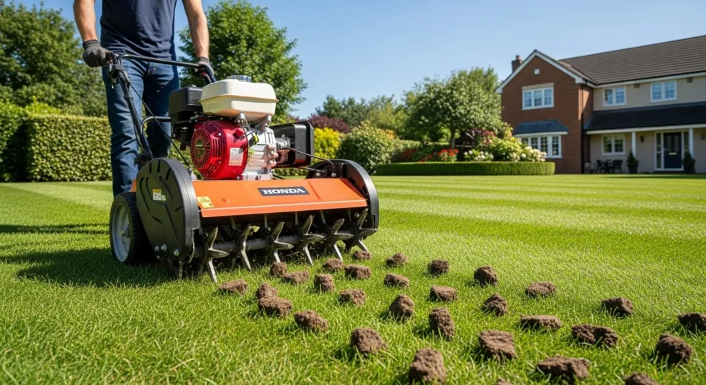Machine aerating grass with plugs on surface.