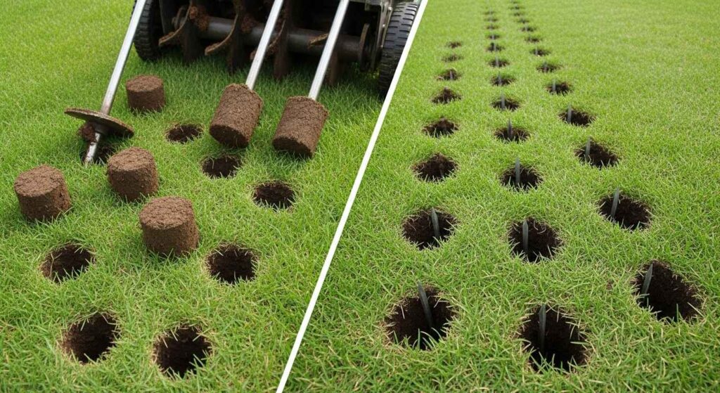 Comparison showing core aeration removing soil plugs versus spike aeration creating holes