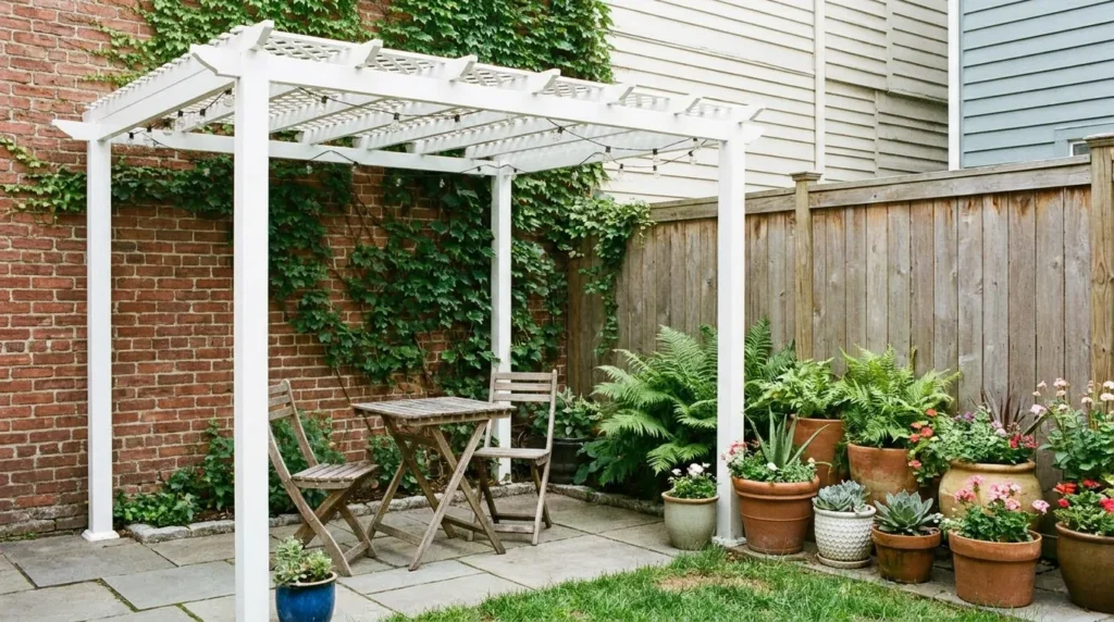 Small white corner pergola in urban backyard with bistro table and potted plants against brick fence