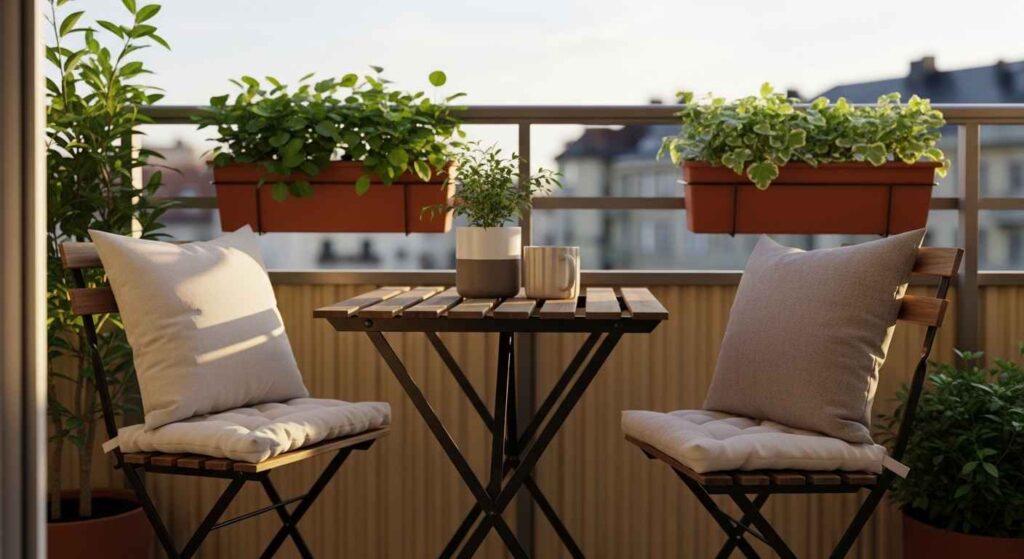 Small balcony with bistro table, chairs, cushions, and rail plants.