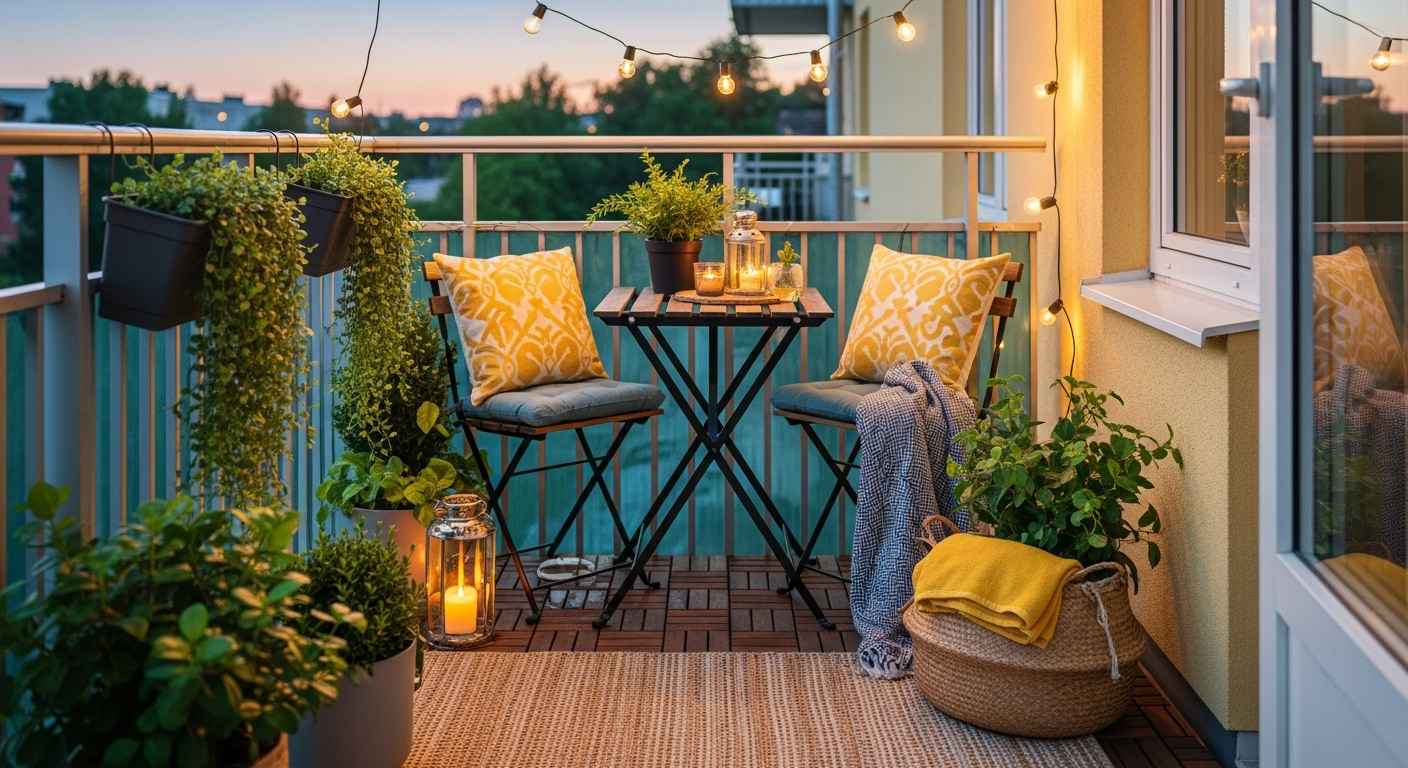 Cozy small balcony with furniture, plants, and string lights.
