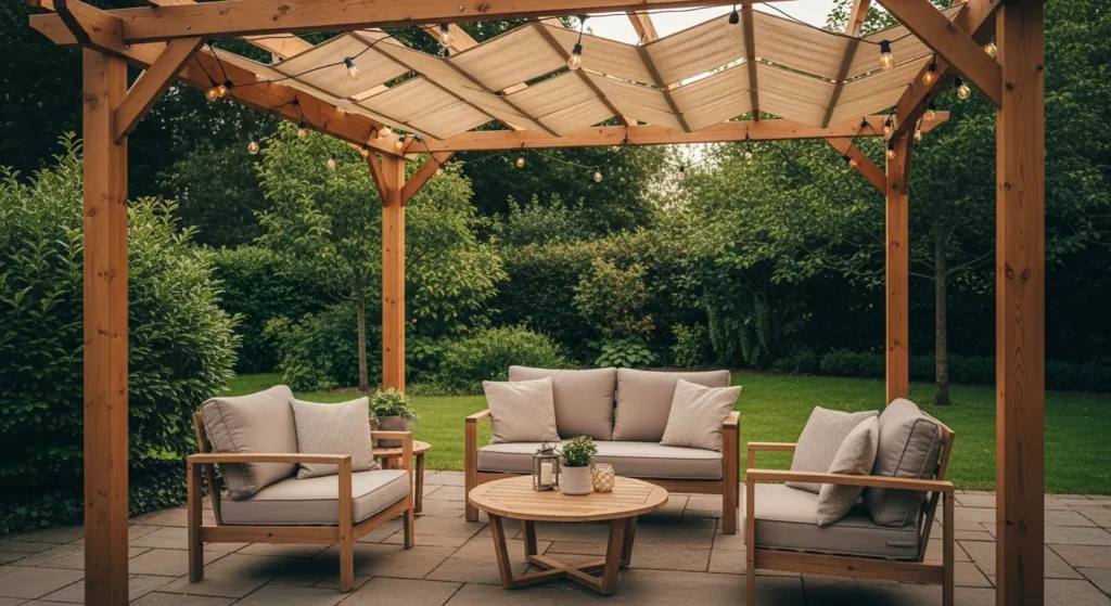 Cozy covered patio with outdoor furniture and string lights.