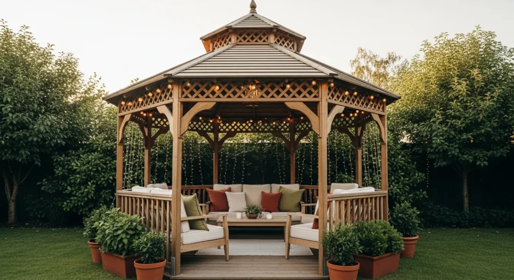 Cozy gazebo with cushioned seating and string lights.