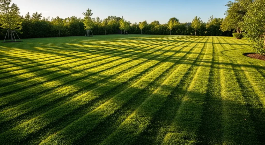 Crisscross mowing pattern enhancing lawn look.
