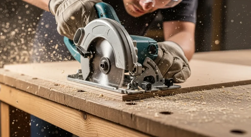 Person cutting plywood sheets for DIY storage ottoman.