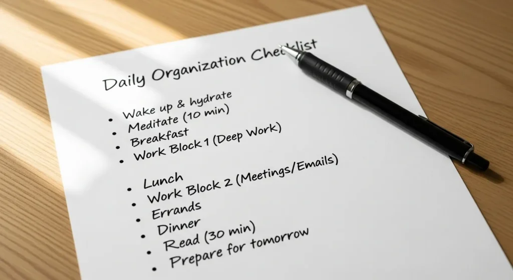 Handwritten checklist showing daily 15-minute organization tasks for home maintenance