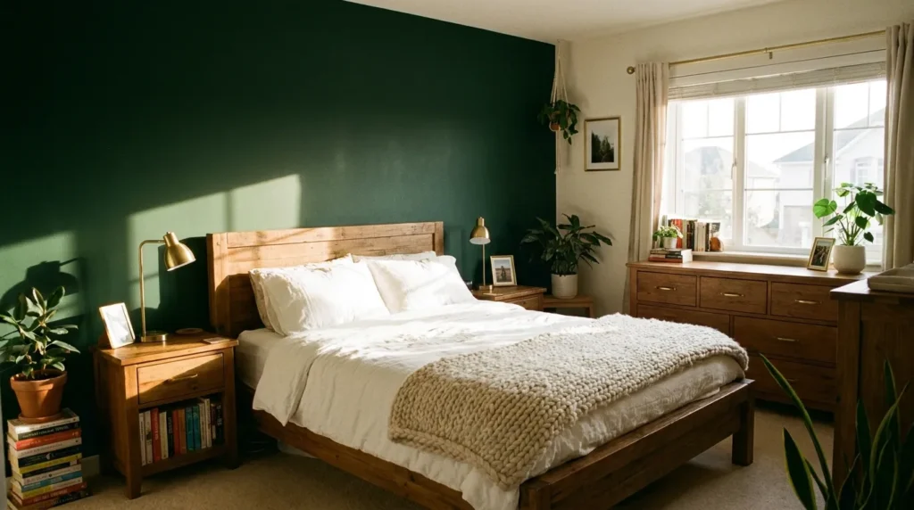 Forest green matte paint accent wall behind wooden bed frame in a cozy bedroom