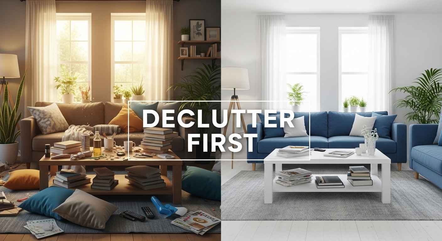 Split screen showing cluttered living room on left versus organized decluttered room on right ready for cleaning