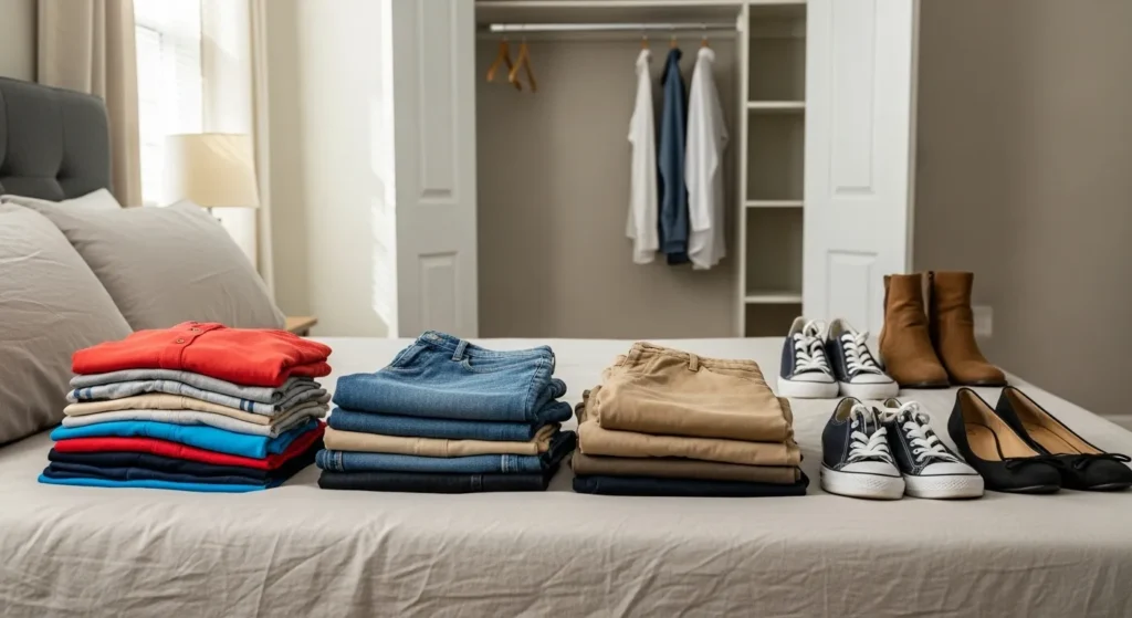 Person sorting folded clothes on bed for closet declutter