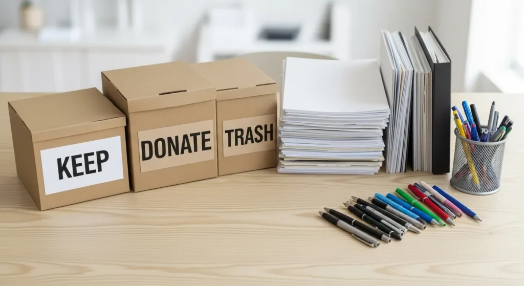 Decluttering home office desk.