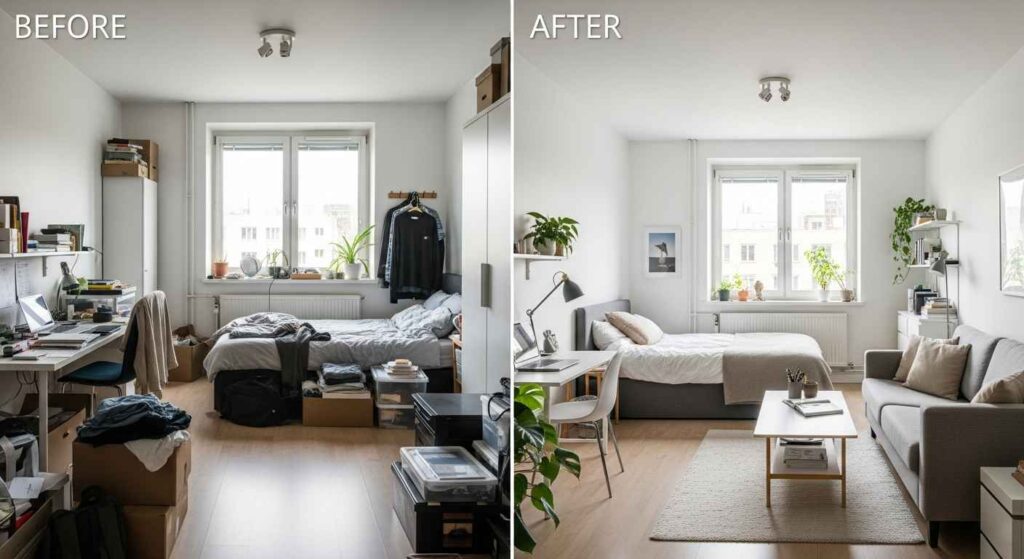Studio apartment before and after decluttering and organization